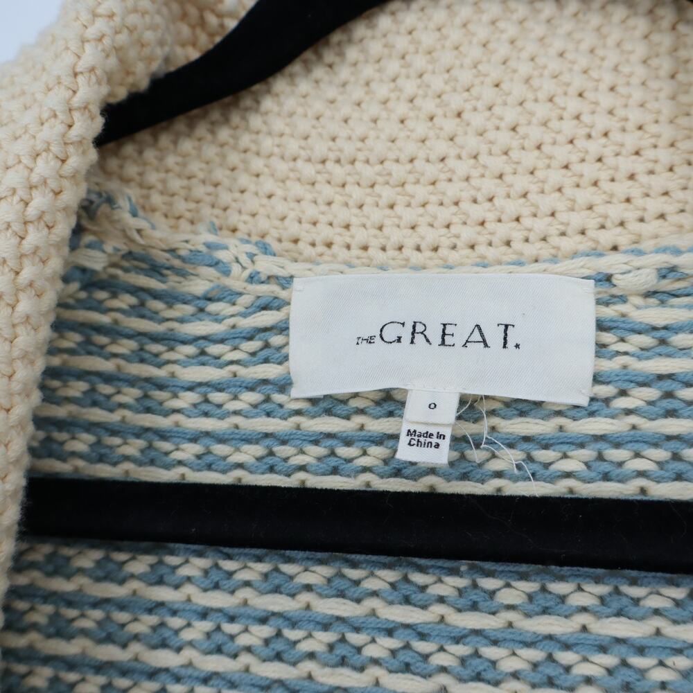 THE GREAT. Minicheck Lodge Cardigan Sweater Morning Sky Open Front Women's 0 XS - Picture 9 of 11